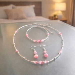 Pink Jewelry Set Cat's Eye Glass - New Item (17"-20")